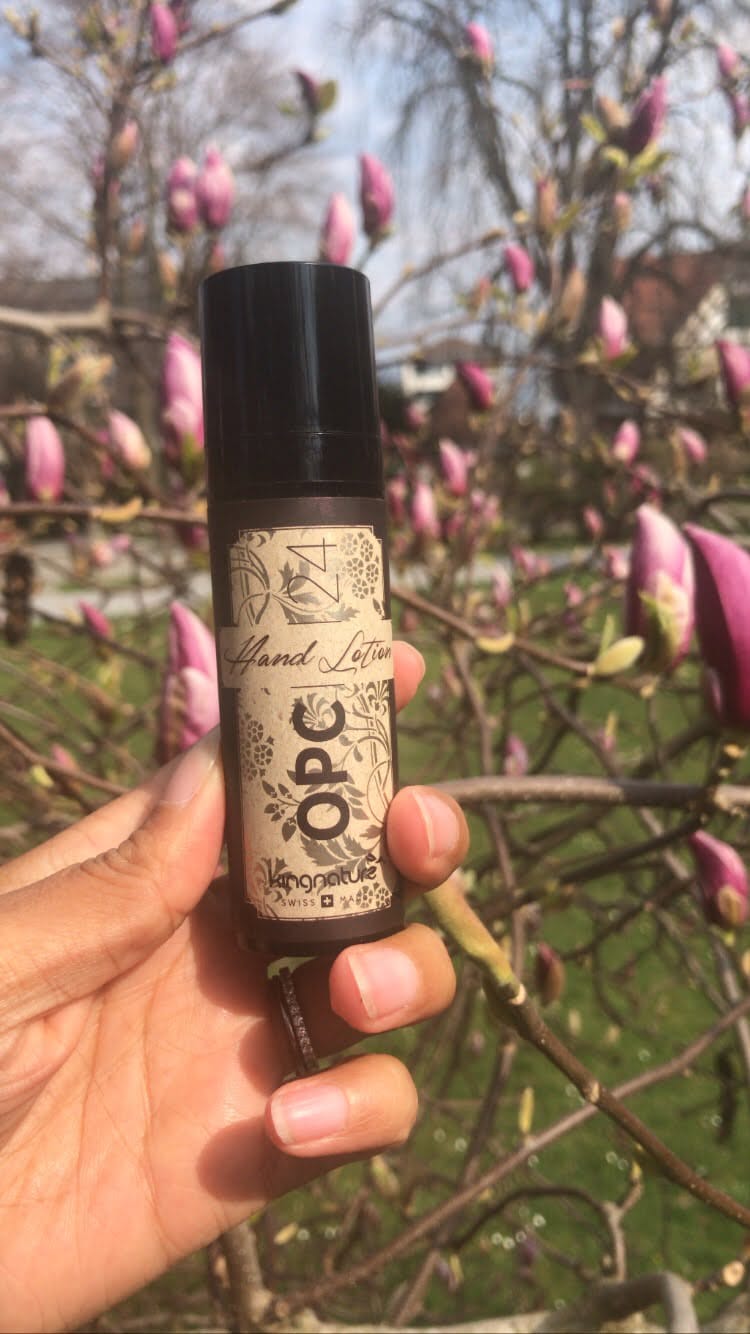 Eine Hand hält an einem sonnigen Tag eine kleine Flasche Naturkosmetik-Handlotion mit gemustertem Etikett vor einem blühenden Magnolienbaum mit rosa Blüten.