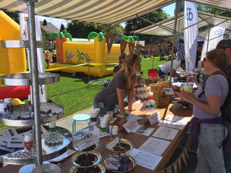 Beim Wädilauf 2017 interagieren Menschen an einem Marktstand im Freien mit verschiedenen Produkten, die unter einem gestreiften Baldachin ausgestellt sind. An einem sonnigen Tag ist im Hintergrund ein großer, gelber aufblasbarer Spielbereich zu sehen.