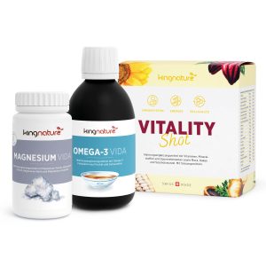 Das Grundversorgungs-Paket beinhaltet MAGNESIUM VIDA, OMEGA-3 VIDA und VITALITY Shot, jeweils mit Symbolen für Immunität, Energie und Zellschutz.