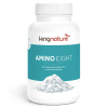 Eine weiße Flasche mit der Aufschrift „kingnature AMINO EIGHT“ zeigt ein weißes Pulver, das als Aminosäurekomplex mit acht essentiellen Aminosäuren beschrieben wird. Das blaugrüne Etikett mit weißem und braunem Text sorgt für ein klares Erscheinungsbild.