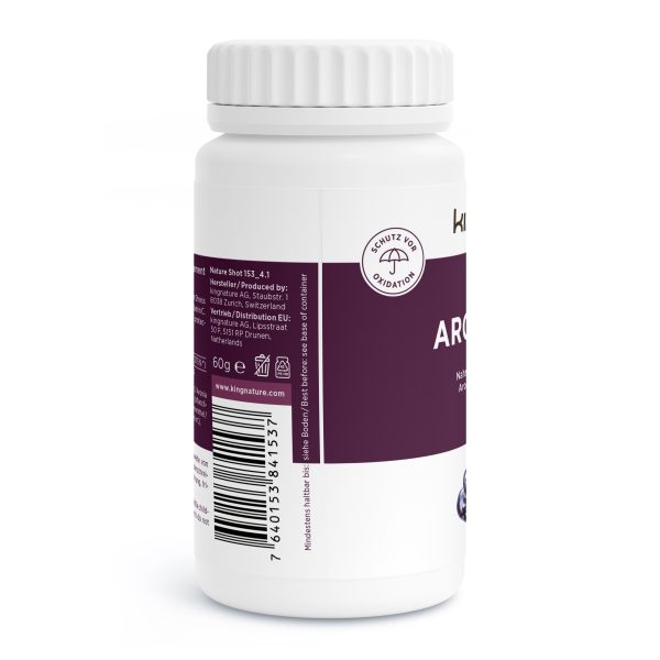 Eine weiße Plastikflasche mit violettem Etikett, einem Barcode, deutschem Text, einem runden „Schutz vor Oxidation“-Symbol und einem weißen Schraubverschluss. Das Produkt scheint ein Nahrungsergänzungsmittel in praktischer Verpackung zu sein.