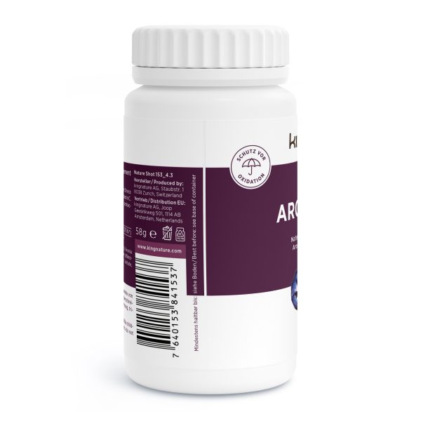 Aronia-Vida_v4.3-Side Eine weiße Plastikflasche mit der Aufschrift "Aronia Vida" in lila mit deutschem Text, einem Strichcode und einem Regenschirm-Symbol mit der Aufschrift "SCHUTZ VOR OXIDATION". Der gerippte Deckel und das Seitenetikett sind sichtbar - ideal für alle, die Aronia Kapseln kaufen wollen.