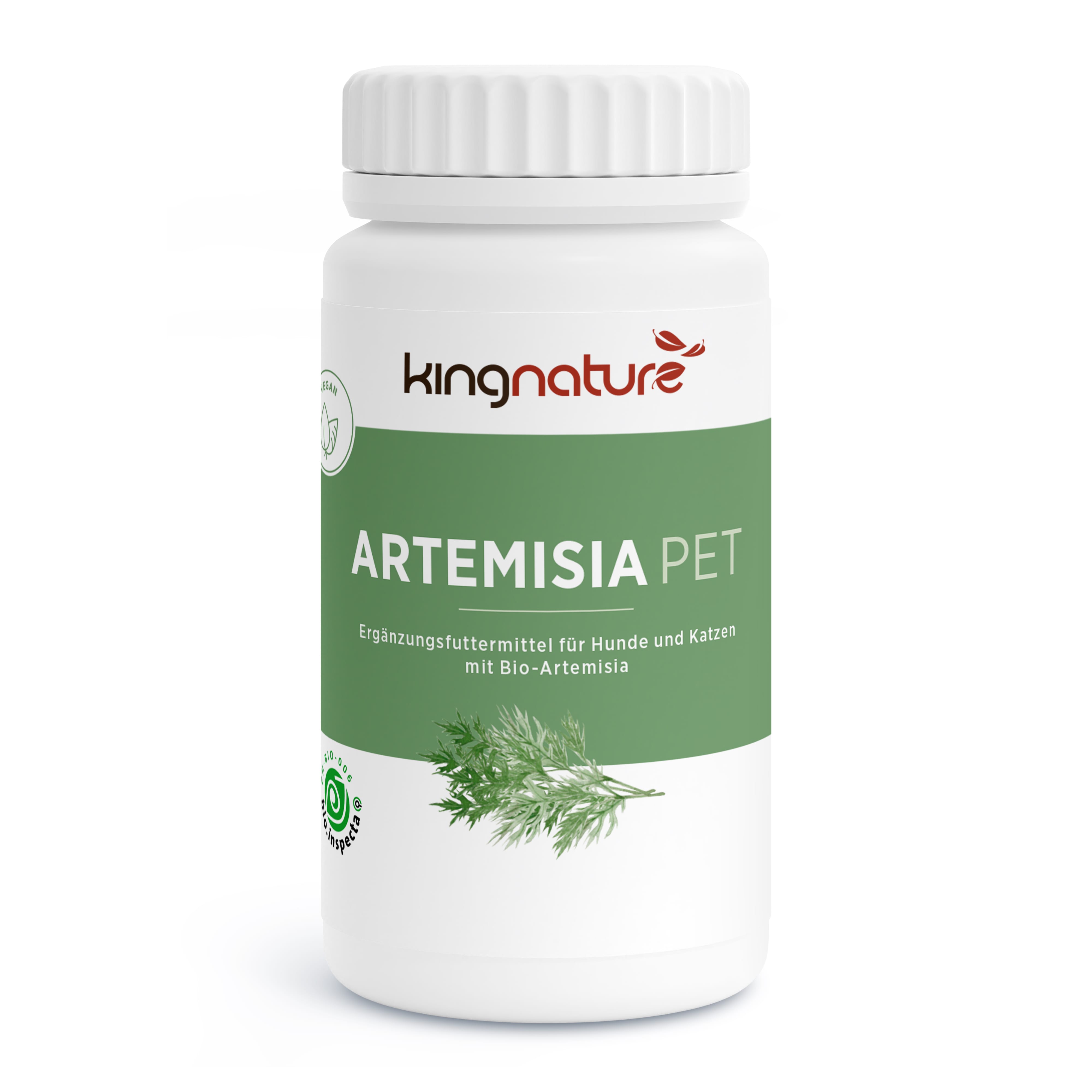 Eine weiße Flasche mit der Aufschrift kingnature ARTEMISIA PET und einer Illustration von grünen Artemisia-Blättern, konzipiert als Nahrungsergänzung aus der Schweiz für Hunde und Katzen. Das Etikett zeigt Zertifizierungen und tierfreundliche Symbole.