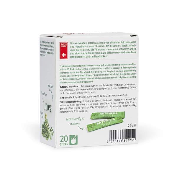 Artemisia Shot Pet Packshot Back Web Artemisia Shots: Artemisia als Granulat für leichteres Schlucken