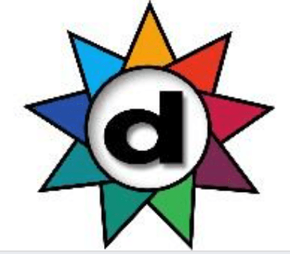 Ein kräftiges schwarzes kleines d befindet sich zentriert in einem weißen Kreis, überlagert von einem achtzackigen Stern in leuchtendem Blau, Orange, Gelb, Rot, Grün und Lila – als Symbol für den dynamischen Geist der Drogerie GmbH.