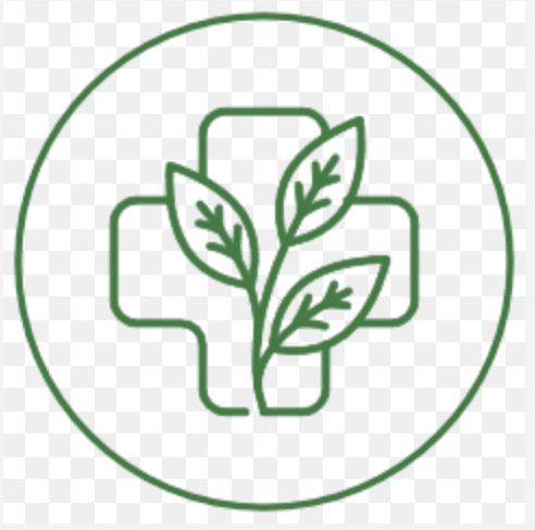 Der grüne Umriss eines medizinischen Kreuzes mit drei Blättern davor, alle in einem grünen Kreis eingeschlossen, symbolisiert Natur- oder Kräutermedizin – und steht für Drogerie Sachseln.