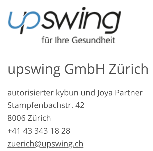 Logo und Kontaktdaten der upswing Zürich GmbH, einem autorisierten kybun- und Joya-Partner in Zürich, inklusive Adresse, Telefonnummer und E-Mail.