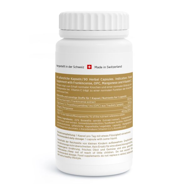 Eine weiße Flasche mit beigem Etikett zeigt in Deutsch und Englisch Texte zu etwa 90 Kräuterkapseln. Auf dem Etikett sind Inhaltsstoffe wie Weihrauch, OPC, Mangan und Vitamin C aufgeführt. Die Schweizer Flagge und „Made in Switzerland“ dienen zur Authentizität.