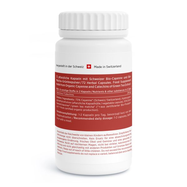 Caye-Vida_v2.1-Back Eine weiße Flasche mit einem Etikett in deutscher Sprache präsentiert in der Schweiz hergestellte Kräuterkapseln. Das Etikett zeigt eine Schweizer Flagge sowie Angaben zu Inhaltsstoffen und empfohlener Dosierung.