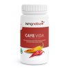 Auf der weißen Flasche mit der Aufschrift Caye Vida Bio sind zwei rote und gelbe Chilischoten abgebildet, die darauf hinweisen, dass sie Bio-Cayenne und Matcha-Catechine enthält - perfekt für alle, die Cayenne Kapseln kaufen möchten.
