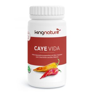 Auf der weißen Flasche mit der Aufschrift Caye Vida Bio sind zwei rote und gelbe Chilischoten abgebildet, die darauf hinweisen, dass sie Bio-Cayenne und Matcha-Catechine enthält - perfekt für alle, die Cayenne Kapseln kaufen möchten.