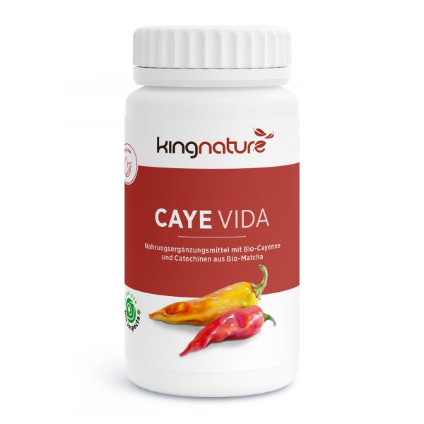 Caye-Vida_v3.0-Front Auf der weißen Flasche mit der Aufschrift Caye Vida Bio sind zwei rote und gelbe Chilischoten abgebildet, die darauf hinweisen, dass sie Bio-Cayenne und Matcha-Catechine enthält - perfekt für alle, die Cayenne Kapseln kaufen möchten.