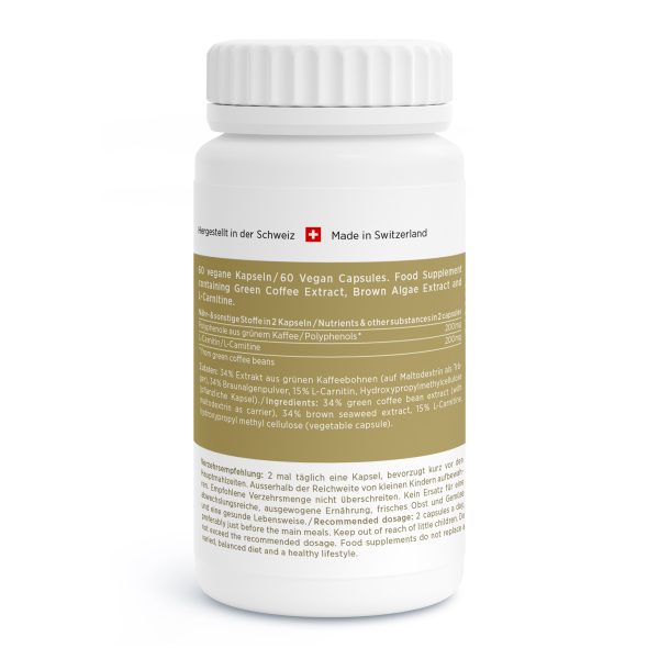 Coffea-Vida_v2.1-Back Weiße Flasche mit der Aufschrift „Veganes Nahrungsergänzungsmittel“ und 60 Kapseln, mit dem Markennamen „Swiss Made“. Als Hauptbestandteile werden auf dem Etikett Grüner Kaffee-Extrakt, Braunalgen-Extrakt, L-Carnitin und hochwertige Schweizer Zutaten aufgeführt.