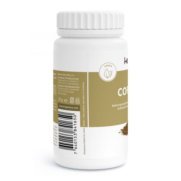 Coffea-Vida_v2.1-Side Eine weiße Kunststoffflasche mit Nahrungsergänzungsmitteln und weißem Verschluss. Das beige Etikett enthält ein Vegan-Symbol, einen Barcode und deutschen Text. Braunes Pulver ist teilweise auf dem Etikett sichtbar, was auf die veganen Inhaltsstoffe hinweist.