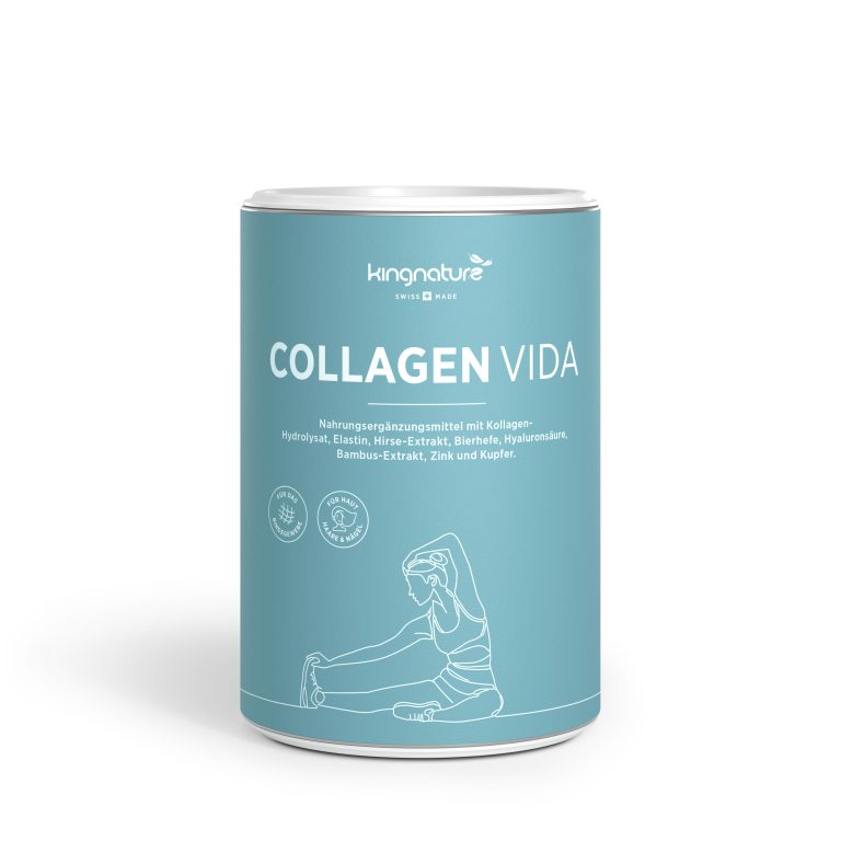 Eine blaugrüne Dose Collagen Vida ist mit weißem Text und der Zeichnung einer sich streckenden Frau versehen, unter dem Markenlogo befinden sich Produktinformationen in deutscher Sprache.