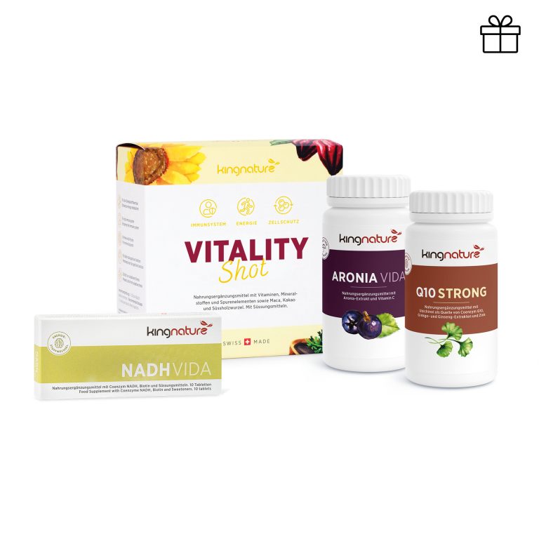 Das Nahrungsergänzungsset Energiepaket Medium mit der Vitality Shot Box, der NADH Vida Box, Aronia Vida und Q10 Strong ist auf weißem Hintergrund angeordnet und hat oben rechts ein kleines Geschenksymbol.