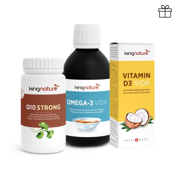 Das Hirnpaket Basic besteht aus einer weißen Q10 Strong-Flasche, einer schwarzen Omega-3 Vida-Flasche und einer gelben Vitamin D3 Vida-Box mit einem Kokosnussmotiv, die alle übersichtlich auf einem weißen Hintergrund angeordnet sind.
