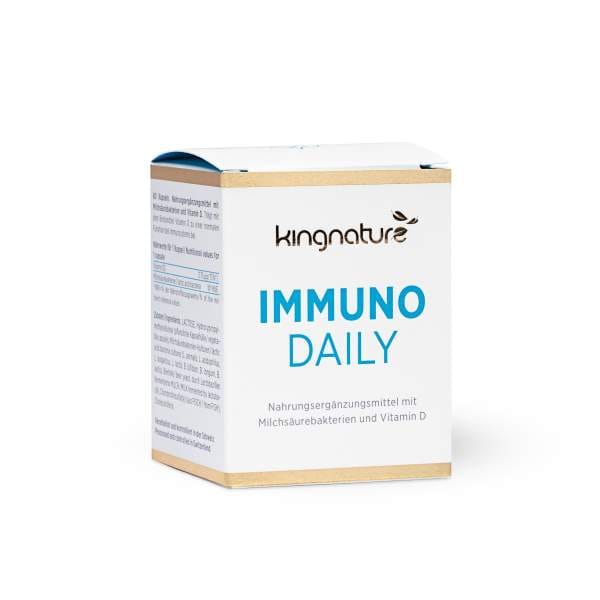 kingnature - Immuno Daily Immuno Daily, Immuno, kingnature, Nahrungsergänzungsmittel, Milchsäurebakterien, Vitamin D, Immunsystem, 60 Kapseln, Immunsystem stärken, Colostrum, 100% natürlich, Swiss made, Gentechfrei, 7 verschiedene Stämme, Milchsäure-Bakterienkulturen, Bakterien, 100 Millionen Bakterien, Kapsel, Lacto-Vegetarier, Vegetarier, Lactose, vermentierte Milch, Vegi-Kapselhüllen, Schweizer Produkt, hochwertige Rohstoffe, schonend verarbeitet, Top Qualität