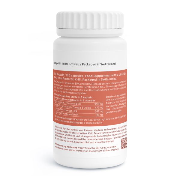 Eine weiße Flasche mit Nahrungsergänzungsmittelkapseln und rotem Etikett zeigt Inhaltsstoffe, Nährwertangaben und Verpackungsdetails auf Deutsch und Englisch. Der Text hebt den Omega-3-Gehalt und die natürliche Krillölquelle hervor.