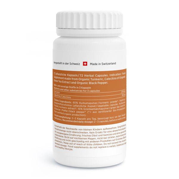 Eine weiße Flasche Kräuterkapseln mit orangefarbenem Etikett, auf dem englischer und deutscher Text sowie die Schweizer Flagge zu sehen sind. Das Etikett listet Inhaltsstoffe wie Kurkuma und schwarzen Pfeffer auf und unterstreicht so die Schweizer Qualität.