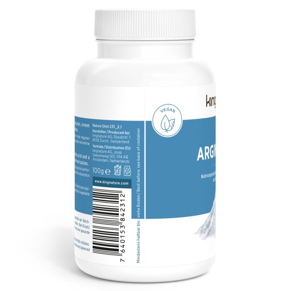 Eine weiße Plastikflasche mit der Aufschrift „Arginin Vida“ und einem blauen Etikett mit einem veganen Symbol, einem Barcode, Herstellerangaben und Produktinformationen. Ideal für alle, die L-Arginin kaufen möchten.