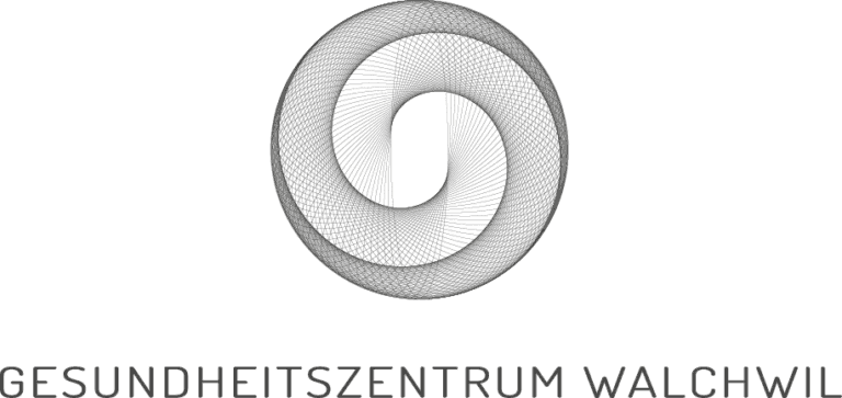Logo mit abstraktem, kreisförmigem, ineinander verschlungenem Liniendesign über dem Text „GESUNDHEITSZENTRUM WALCHWIL“ in Versalien, der den modernen Geist des Gesundheitszentrums Walchwil repräsentiert.