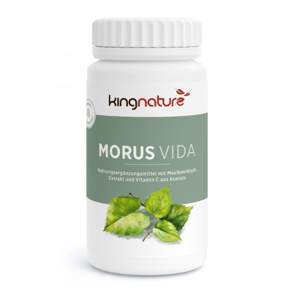 Eine weiße Flasche mit der Aufschrift „kingnature MORUS VIDA“ zeigt ein Bild von Maulbeerblättern. Das Etikett hebt Maulbeerblattextrakt und Vitamin C aus Acerola hervor und präsentiert es in deutscher Sprache.