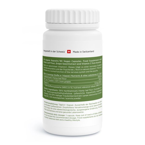 Eine weiße Flasche mit deutsch-englischem Etikett weist auf 90 vegane Kapseln hin. Zu den wichtigsten Inhaltsstoffen zählen Traubenkernextrakt und Vitamin C. Hergestellt wird das Produkt in der Schweiz.