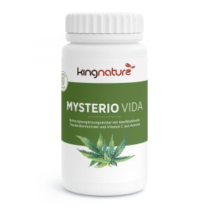 Eine weiße Flasche mit der Aufschrift „kingnature MYSTERIO VIDA“ und Abbildungen von Hanfblättern enthält ein Nahrungsergänzungsmittel aus Hanfblattpulver, Traubenkernextrakt und natürlichem Vitamin C aus Acerola.