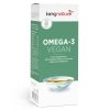 Eine weiß-grüne Schachtel mit dem veganen Omega-3-Nahrungsergänzungsmittel von Kingnature, mit einer Schale mit goldenem Öl, einem Symbol für die Gehirngesundheit und einem Text, der besagt, dass das Produkt vegane Omega-3-Fettsäuren aus Algen und Ahiflower enthält.