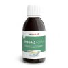 Eine dunkle Flasche mit der Aufschrift „Omega-3 Vegan“ und weißem Verschluss weist einen grünen Abschnitt und eine Schale mit klarer Flüssigkeit auf dem Etikett auf, zusammen mit dem deutschen Text „Veganes Omega-3-Öl aus Algen und Sonnenblumen“.