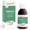 Eine Schachtel und eine Flasche des veganen Omega-3-Nahrungsergänzungsmittels von Kingnature mit grün-weißer Beschriftung, die auf vegane Omega-3-Fettsäuren aus Algen hinweist, sowie ein Bild einer Schüssel Öl auf Schachtel und Flasche.