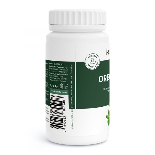 Weiße Kunststoffflasche mit grün-weißem Etikett mit der Aufschrift "Oregano Vida" in großer Schrift, Strichcode, kreisförmigem Prüfzeichen für Sichere Inhaltsstoffe und weißem Schraubverschluss. Perfekt, wenn Sie Oregano Vida kaufen möchten.