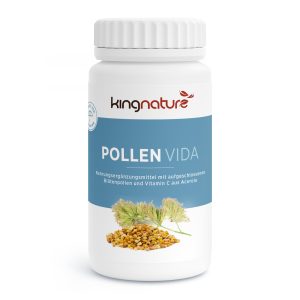Weiße Flasche mit der Aufschrift „kingnature POLLEN VIDA“ mit Blütenpollen- und Blütenabbildungen. Das Etikett hebt Blütenpollen und Vitamin C aus Acerola hervor. Die Flasche verfügt über einen sicheren weißen Verschluss.