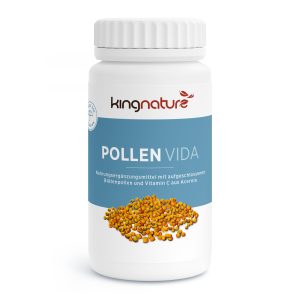 Die weiße Flasche mit der Aufschrift Pollen Vida enthält Bienenpollen-Granulat und hebt Blütenpollen sowie Vitamin C aus Acerola hervor - perfekt für alle, die Pollen Kapseln kaufen und ihr tägliches Wohlbefinden unterstützen möchten.