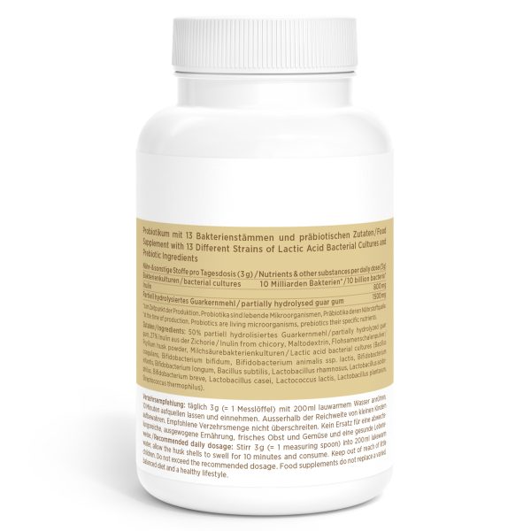 Probiotic-Vida_v3.2-Back Eine weiße Plastikflasche mit gold-weißem Etikett zeigt Nährwert- und Inhaltsstoffinformationen zu einem probiotischen Nahrungsergänzungsmittel mit 13 Milchsäurebakterienstämmen. Der Text ist sowohl auf Deutsch als auch auf Englisch.