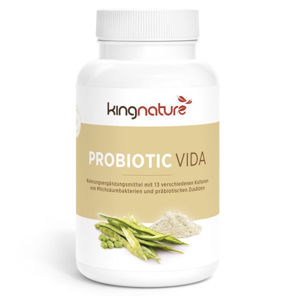 Probiotic-Vida_v3.2-Front Eine weiße Flasche mit der Aufschrift „kingnature PROBIOTIC VIDA“ und Abbildungen von grünen Erbsen und Pulver auf der Vorderseite. Der deutsche Text beschreibt das Produkt als Nahrungsergänzungsmittel mit 13 Bakterienkulturen.