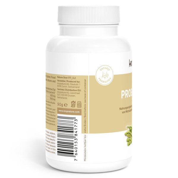 Probiotic-Vida_v3.2-Side Eine weiße Kunststoffflasche mit Nahrungsergänzungsmitteln und beigefarbenem Etikett mit Produktinformationen, Inhaltsstoffen und einem Strichcode. Das Etikett trägt den Schriftzug „Probiotic“ und ein goldenes Siegel mit dem Text „Enthält Probiotikum“.
