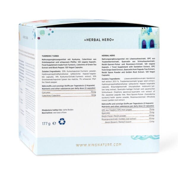 Eine Schachtel mit der Aufschrift „Recovery Box Kids“ enthält Informationen zum Nahrungsergänzungsmittel auf Deutsch und Englisch, darunter Zutaten, Portionsgrößen und Nährwerte. Die Schachtel ist mit einem Recyclingsymbol, einer Website-URL und einem hellblauen Illustrationsdesign versehen.