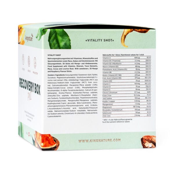 Eine weiße Recovery Box mit der Aufschrift „Recovery Box“ zeigt Zutaten- und Nährwertangaben auf Deutsch und Englisch, enthält Bilder natürlicher Zutaten und zeigt unten www.kingnature.com an.