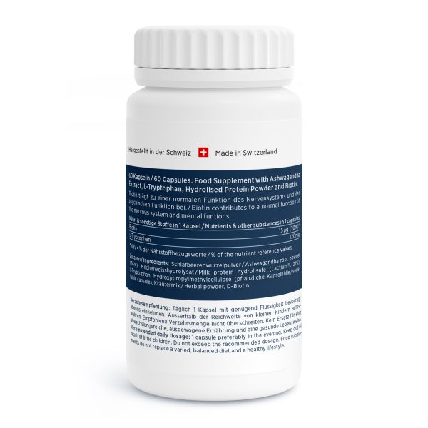 Eine weiße Flasche Nahrungsergänzungsmittel Relax Vida mit einem zweisprachigen deutsch-englischen Etikett, Dosierungsangaben, Ashwagandha als Zutat und einer Schweizer Flagge, die zeigt, dass das Produkt in der Schweiz hergestellt wird.