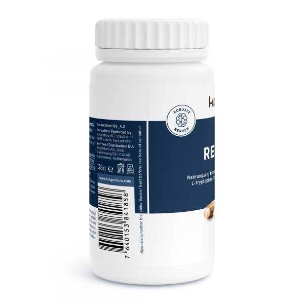 Eine weiße Flasche mit weißem Deckel und blauem Etikett trägt das runde Logo von Relax Vida, einen Strichcode, deutsche Produktinformationen und enthält Kapseln mit Nahrungsergänzungsmitteln von Relax Vida.
