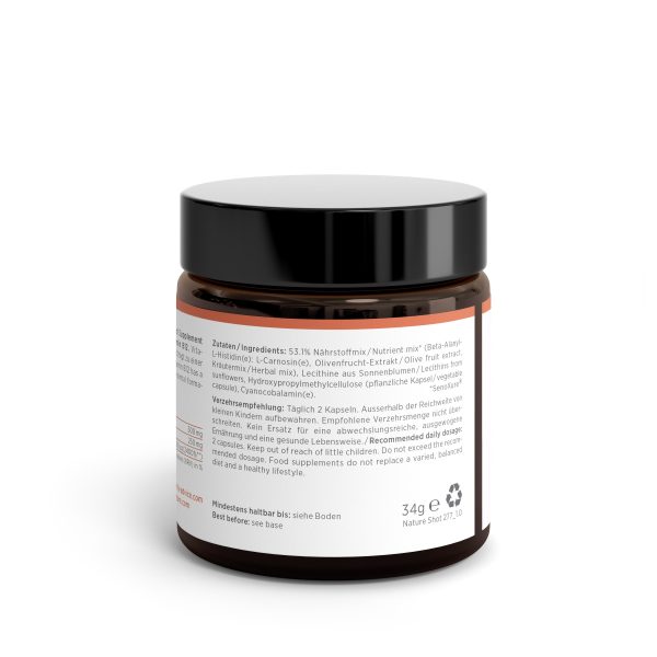RenewVida_Jar_Side_v1.0 Ein braunes Glas mit schwarzem Deckel trägt ein weißes Etikett mit Zutatenliste und Gebrauchsanweisung in Deutsch und Englisch. Das 34-g-Produkt trägt unten rechts ein Recycling-Symbol, das auf die umweltfreundliche Verpackung hinweist.