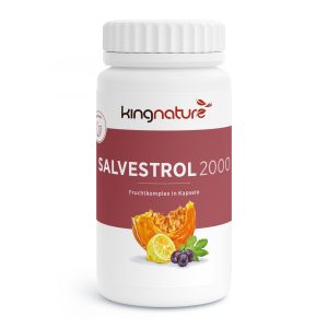 Eine weiße Flasche Salvestrol 2000 mit rot-weißem Etikett, deutschem Text und Abbildungen eines Kürbisses, einer Zitronenscheibe und von schwarzen Johannisbeeren. Jetzt Salvestrol 2000 Kapseln kaufen und natürliche Vitalstoffe entdecken.