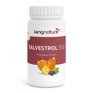 Eine weiße Flasche mit der Aufschrift „kingnature SALVESTROL 350“ zeigt Abbildungen von Kürbis, Zitrone und Beeren. Das überwiegend rote Etikett mit weißem Text hebt den Ausdruck „Fruchtkomplex in Kapseln“ hervor und präsentiert eine farbenfrohe Fruchtmischung.