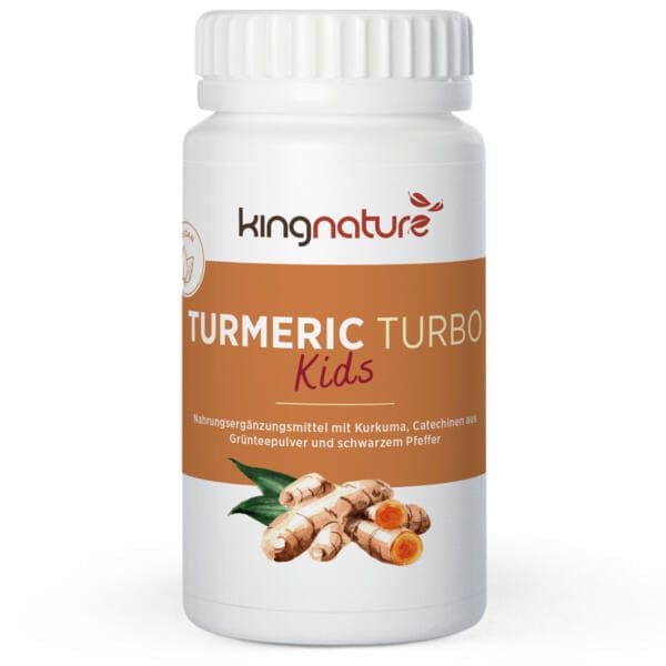 Auf einer weißen Flasche mit der Aufschrift „Recovery Box Turmeric Turbo Kids“ sind Kurkumawurzeln abgebildet und als Hauptzutaten sind Curcuma, Grüntee-Catechin und schwarzer Pfeffer aufgeführt.