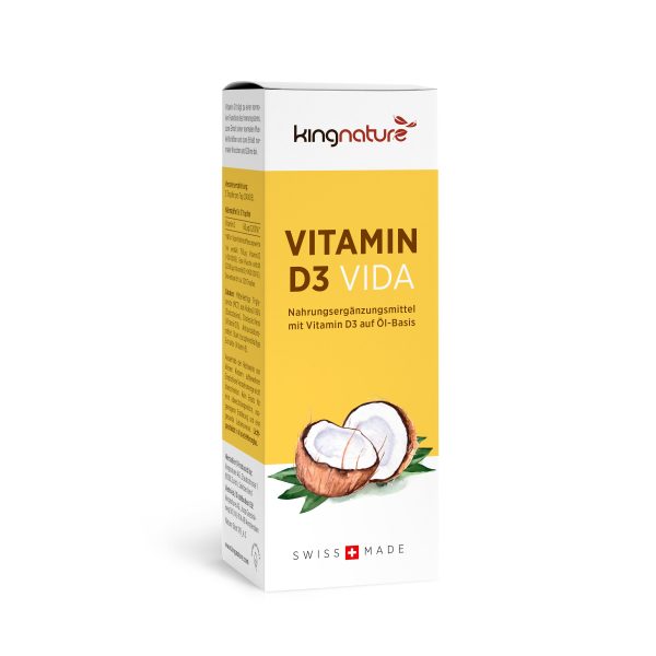 VITAD3VIDA_Box_De Vitamin D3 Vida: In der Schweiz hergestelltes Nahrungsergänzungsmittel mit Vitamin D3 auf Ölbasis, gelbes Etikett mit Kokosnussmotiv. Ideal für alle, die Vitamin D kaufen möchten.