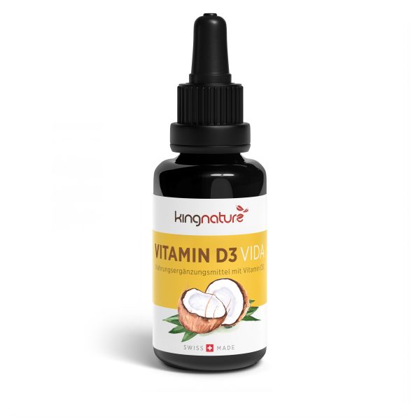 VitaminD3Vida_Bottle Eine Tropfflasche aus dunklem Glas mit der Aufschrift „Vitamin D3 Vida“ zeigt Kokosnüsse auf dem in der Schweiz hergestellten Nahrungsergänzungsmittel für Vitamin D3. Perfekt für alle, die Vitamin D kaufen möchten.