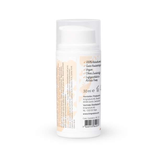 Eine weiße, zylindrische 30-ml-Flasche Fuss Schutz Gel mit Pumpspender und deutschem Text hebt Eigenschaften wie 100 % natürlich, vegan und Airless-Pumpe hervor – perfekt, wenn Sie Fuss Schutz Gel kaufen möchten.