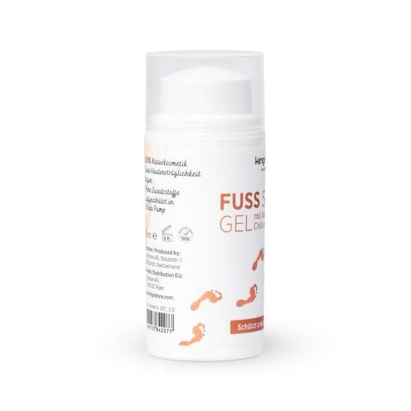 Eine weiße Flasche Fuss Schutz Gel zeigt kleine orangefarbene Fußabbildungen, einen transparenten Deckel und deutschen Text. Ideal für die Fußpflege – Fuss Schutz Gel kaufen für erfrischte Füße.